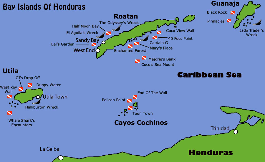 Diving Map of Honduras Bay Islands. Roatan, Utila, Guanaja and cayos Cochinos.